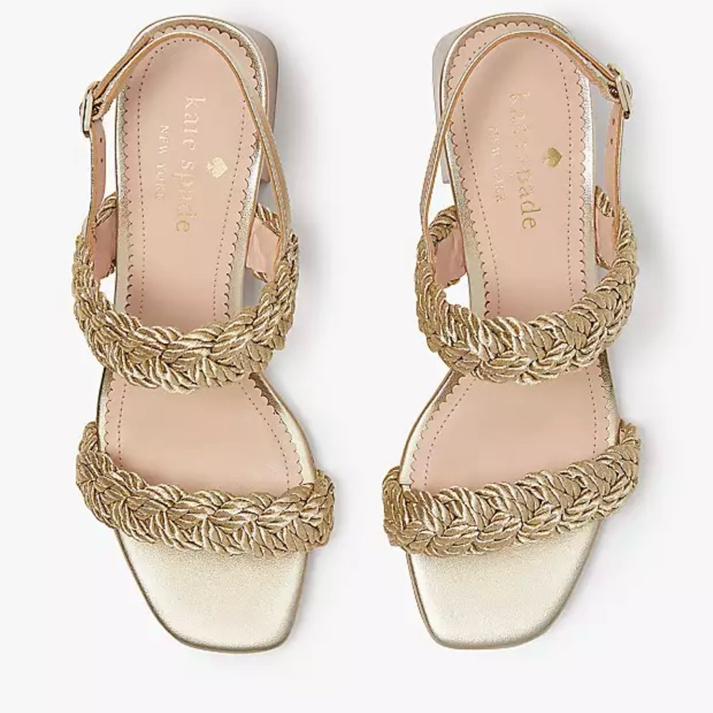 ♠️Kate Spade Valentina Braided Rope Strap Mid Heeled Sandals, Pale Gold NIB